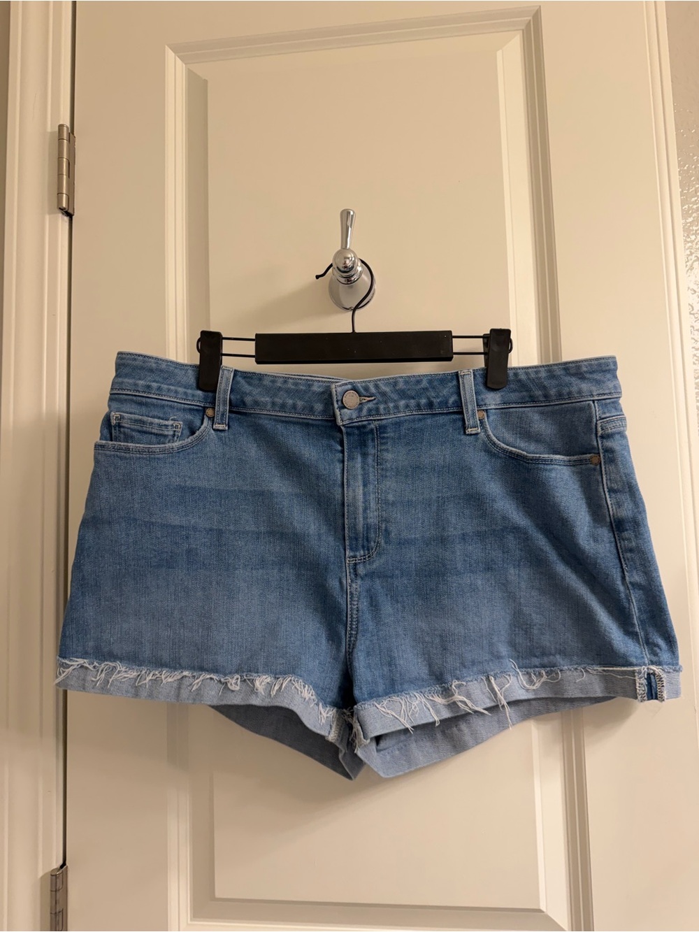 PAIGE Light Blue Frayed Hem Denim Jimmy Jimmy Shorts